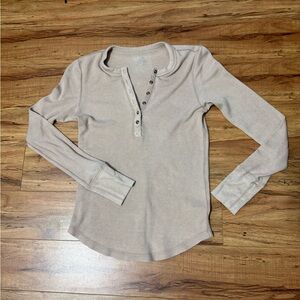 aerie Ribbed Henley Long-Sleeve Top in Light Taupe T7